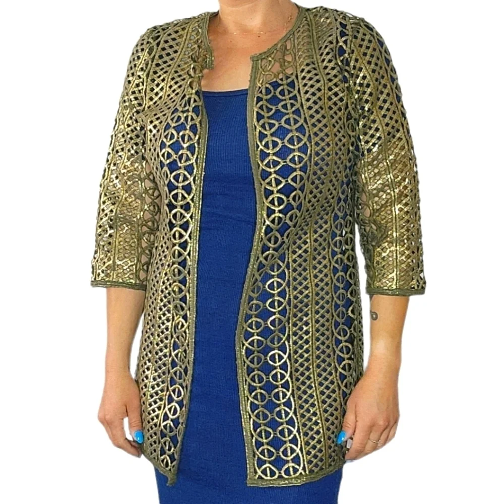 *NWT Travelers by Chico's Size 0 Large Gold Knit Open Cardigan - Picture 2 of 6